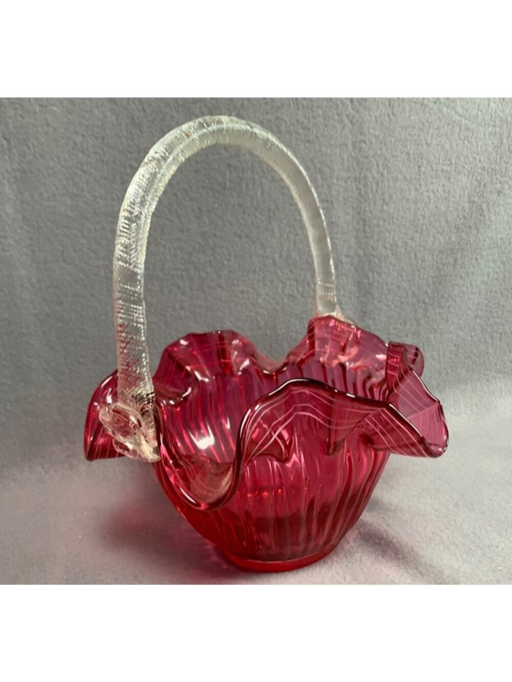 Hand-Blown Cranberry Glass Basket Ruffled Edge & Clear Handle Vintage - Picture 5 of 14